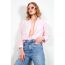 Manche Pembe Cepli Keten Efektli Kadın Gömlek