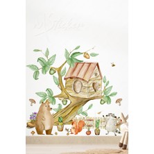 Msticker Dalda Ağaç Ev ve Hayvanlar Çocuk Bebek Odası Cam Duvar Sticker Seti