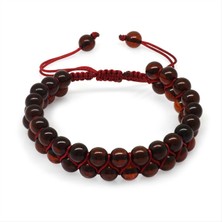 Tesbihname Çift Sıra Makrome Örgülü Küre Kesim Kırmızı Doğal Damla Kehribar Kadın Bileklik