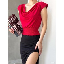 Moda Lavinia Alt Gipeli Dökümlü Yaka Vatkalı Sandy Bluz (Renkli)
