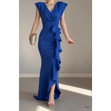 Moda Lavinia Kadın Scuba Dalgıç Kumaş Kruvaze Yaka Eteği Volanlı Abiye Elbise (Renkli)