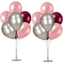 Kidspartim 2 Adet  7 Li Balon Standı ve 14 Adet Rose Gold Gümüş Bordo Metalik Balon