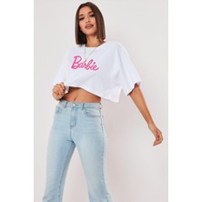 The Wert Kadın Barbie Baskılı Oversize Beyaz Crop Tshirt