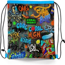 Coral High Kids Siyah Mavi Grafiti Desenli Ipli Büzgülü Sırt Çantası 22673