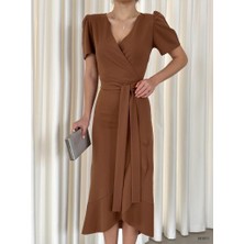 Trend Esinty Krep Kumaş Midi Boy Kuşaklı Elbise (Renkli)