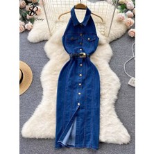 Kadın Sırt Dekolte Yakalı Kemerli Kot Elbise