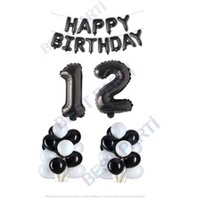 Best Parti Happy Bırthday Siyah Renk Folyo Balon Latex Balon  ve Folyo Rakam Seti Yaş 12