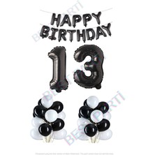 Best Parti Happy Bırthday Siyah Renk Folyo Balon Latex Balon  ve Folyo Rakam Seti Yaş 13