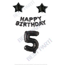 Best Parti Happy Bırthday Siyah Renk Folyo Balon Yıldız Folyo ve Rakam Seti Yaş 5