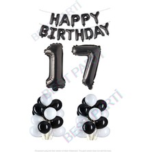 Best Parti Happy Bırthday Siyah Renk Folyo Balon Latex Balon  ve Folyo Rakam Seti Yaş 17