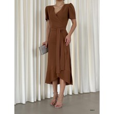 Rengamoda Krep Kumaş Midi Boy Kuşaklı Elbise (Renkli)