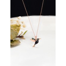 Papatya Silver 925 Ayar Gümüş Rose Kaplama Siyah Yeşil Taşlı Kuş Kolye