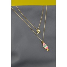 Papatya Silver 925 Gümüş Altın Kaplama Mineli Balık ve M Harf Asansör Kolye