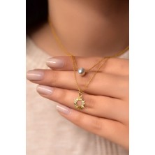 Papatya Silver 925 Ayar Gümüş Altın Kaplama Kristal Kesim Inci ve Güneş Asansörlü Kolye