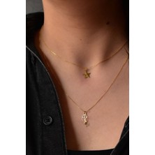 Papatya Silver 925 Ayar Gümüş Altın Kaplama Kristal Kesim Yıldız ve Yapraklı Gül Asansörlü Kolye