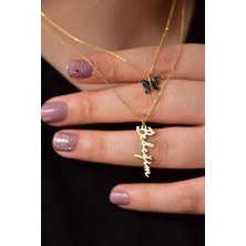 Papatya Silver 925 Ayar Gümüş Altın Kaplama Kelebek ve Bebeğim Yazılı Asansörlü Kolye