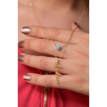 Papatya Silver 925 Ayar Gümüş Altın Kaplama Mavi Boncuk ve Aşkım Yazılı Asansörlü Kolye