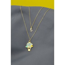 Papatya Silver 925 Gümüş Altın Kaplama Mineli Uçan Balon ve S Harf Asansör Kolye