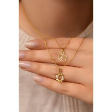 Papatya Silver 925 Ayar Gümüş Altın Kaplama Kristal Kesim Gül ve Güneş Asansörlü Kolye