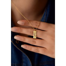 Papatya Silver 925 Ayar Gümüş Altın Kaplama Dikdörtgen Zeytindalı Plaka Kadın Kolye