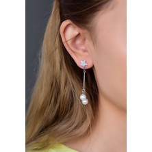 Papatya Silver 925 Ayar Gümüş Rodyum Kaplama Sallantılı Yıldızlı Inci Küpe ve Halka Küpe