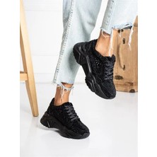 Tayyar Gri Taşlı Yüksek Taban Bağcıklı Poli Hafif Taban Kadın Spor Siyah