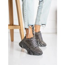 Tayyar Gri Taşlı Yüksek Taban Bağcıklı Poli Hafif Taban Kadın Spor Gumüş