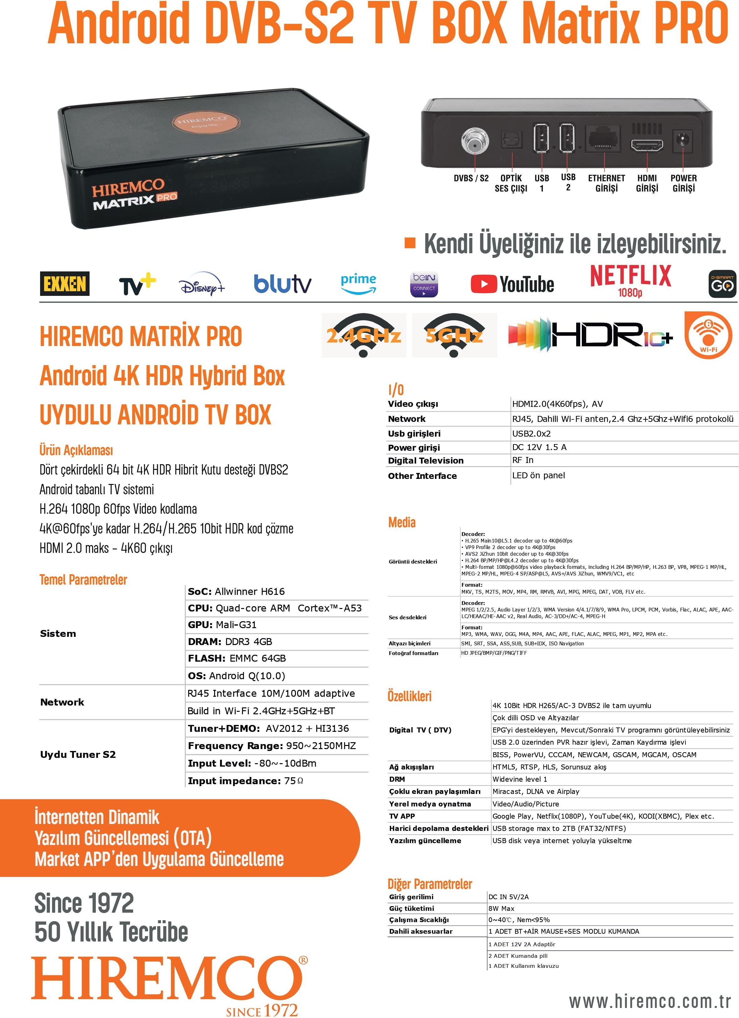 Hiremco Matrix Pro Settop Box Hybrid 4k Android Uydu Alıcısı Fiyatı