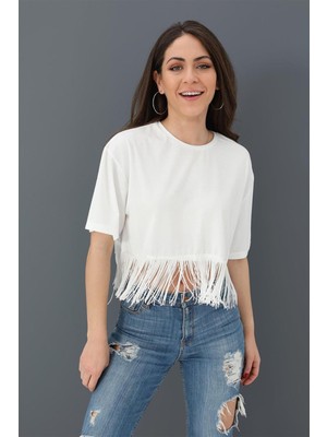 Marissa Butik Crop T-Shirt Bisiklet Yaka Eteği Püsküllü Ekru