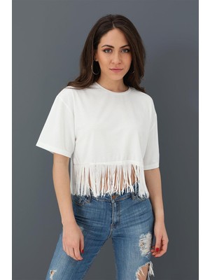 Marissa Butik Crop T-Shirt Bisiklet Yaka Eteği Püsküllü Ekru