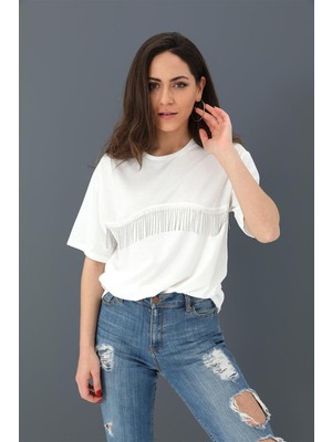 Marissa Butik T-Shirt Bisiklet Yaka Zincir Detaylı Ekru