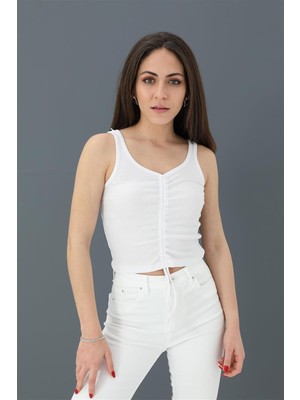 Marissa Butik Atlet Önü Büzgülü Crop - Beyaz