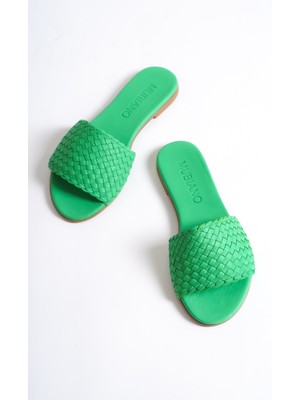 Mubiano Hakiki Deri 655-Y Kadın Hasır Görünümlü Yeşil Düz Terlik