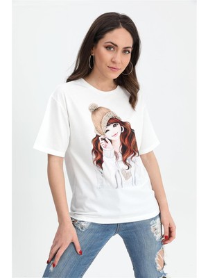 Marissa Butik T-Shirt Kız Baskılı Taş Işlemeli - Bej