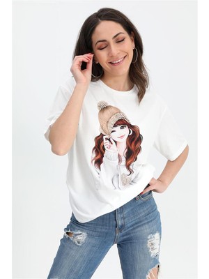 Marissa Butik T-Shirt Kız Baskılı Taş Işlemeli - Bej