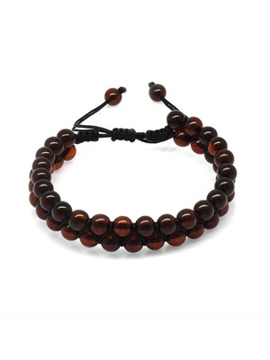 Tesbihname Çift Sıra Makrome Örgülü Küre Kesim Kırmızı Doğal Damla Kehribar Erkek Bileklik