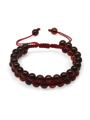 Tesbihname Çift Sıra Makrome Örgülü Küre Kesim Kırmızı Doğal Damla Kehribar Kadın Bileklik