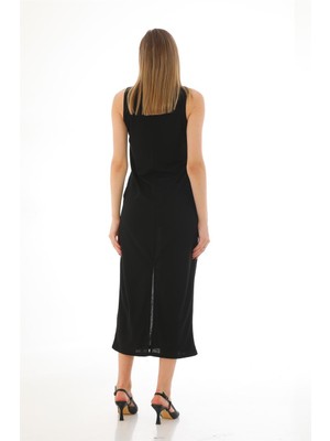 Penye Bizden Kadın Krep V Yaka Yırtmaçlı Uzun Elbise-Siyah