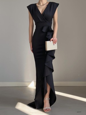 Moda Lavinia Kadın Scuba Dalgıç Kumaş Kruvaze Yaka Eteği Volanlı Abiye Elbise (Renkli)