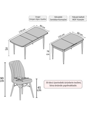 Gadahome Hera Serisi Açılabilir Mdf Mutfak Salon Masa Takımı 4 Sandalyeli (Siyah Mermer)