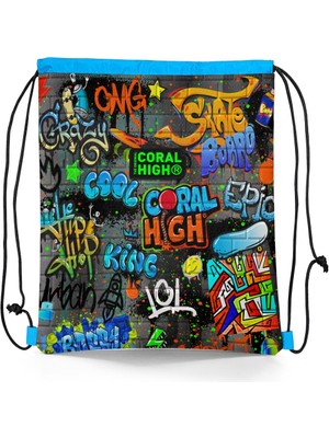 Coral High Kids Siyah Mavi Grafiti Desenli Ipli Büzgülü Sırt Çantası 22673