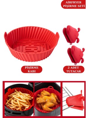 Silicolife Onikiden Airfryer Silikon Pişirme Kabı Ve 2 Adet Isı Yalıtımlı Fırın Eldiveni Tutacağı Seti