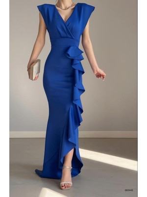 Kadın Scuba Dalgıç Kumaş Kruvaze Yaka Eteği Volanlı Abiye Elbise (Renkli)