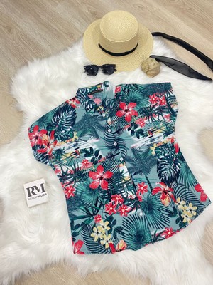 Kadın Desenli Dokuma Viskon Yarasa Kol Yazlık Gömlek (Renk Seçenekli)