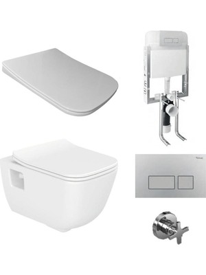 Turkuaz Aqua Rimless Asma Klozet Yavaş Kapanır Slim Kapak Turkuaz Gömme Rezervuar Tam Takım