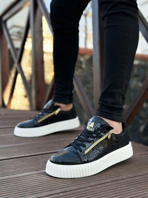 BOA SNR-308 Boa Kalın Yüksek Taban Çift Fermuarlı Siyah Beyaz Erkek Ayakkabı