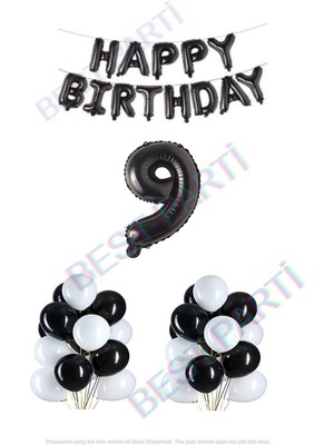 Best Parti Happy Bırthday Siyah Renk Folyo Balon Latex Balon  ve Folyo Rakam Seti Yaş 9