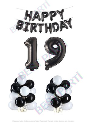 Best Parti Happy Bırthday Siyah Renk Folyo Balon Latex Balon  ve Folyo Rakam Seti Yaş 19