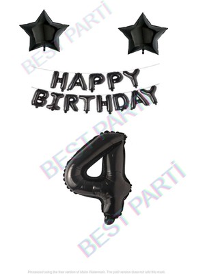 Best Parti Happy Bırthday Siyah Renk Folyo Balon Yıldız Folyo ve Rakam Seti Yaş 4