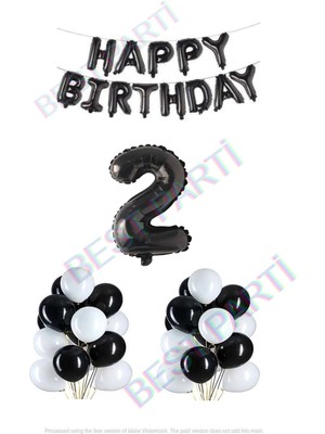 Best Parti Happy Bırthday Siyah Renk Folyo Balon Latex Balon  ve Folyo Rakam Seti Yaş 2